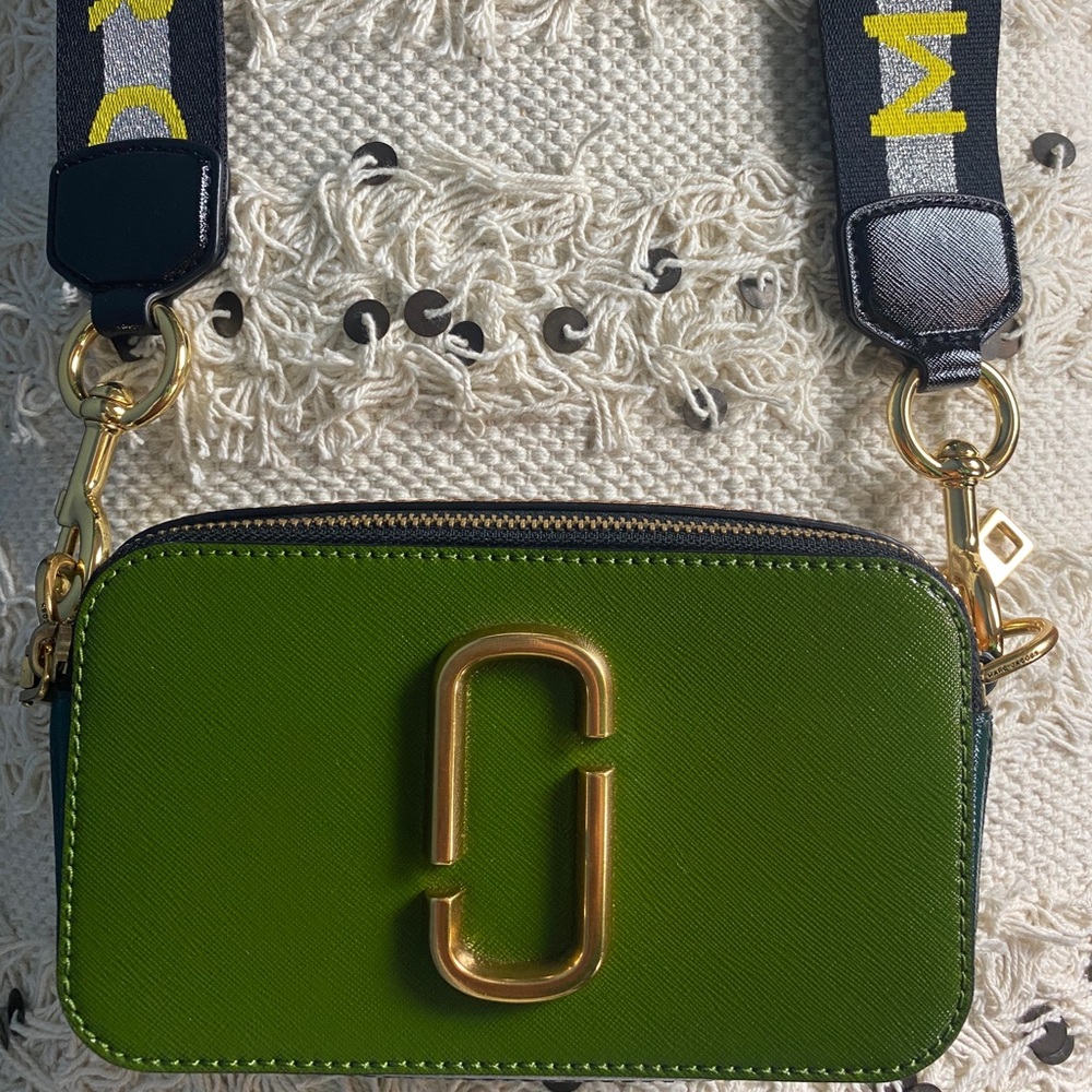 Marc Jacobs Snapshot Bag with neon logo strap